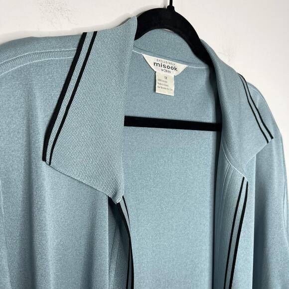 Misook Sweater Womens 1X Blue Open Front Cardigan Contrast Trim Long Sleeve - Picture 5 of 12